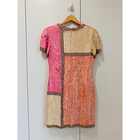 Vintage 80s Silk Sequin Pink Cocktail Dress Medium Fit Knee Length Sparkle Shine - Picture 4 of 14